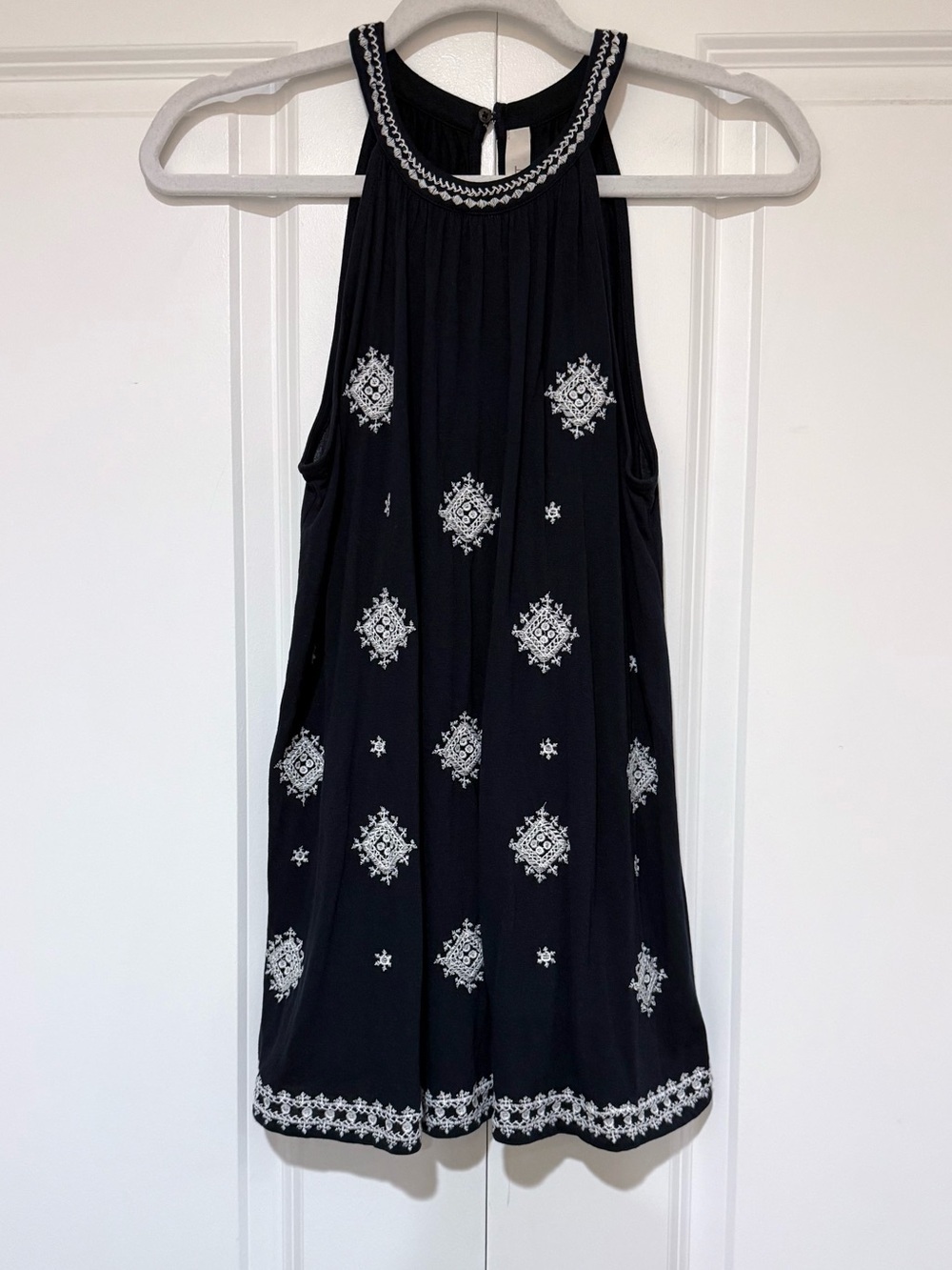 LOFT Dark Blue Halter Tank Top with White Embroidery